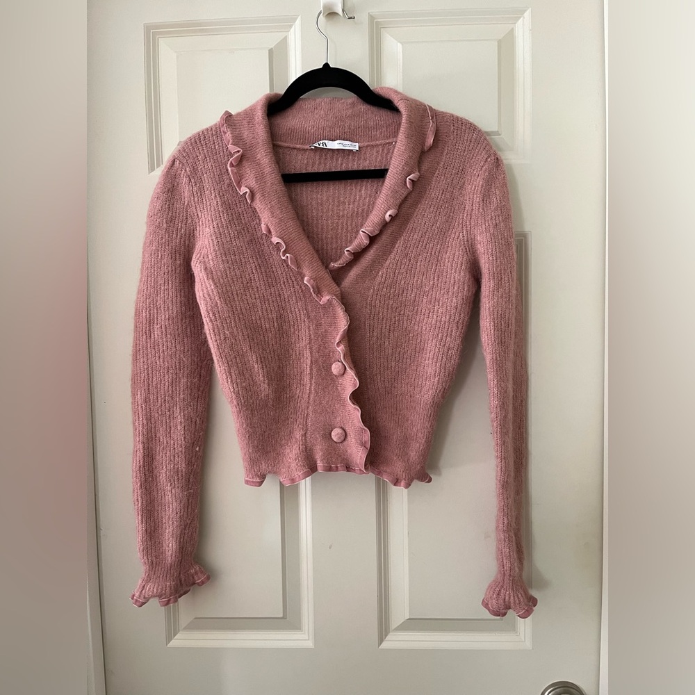 Zara Pink Alpaca Wool Knitted Cardigan Sweater with Velvet Trim Romantic size M
